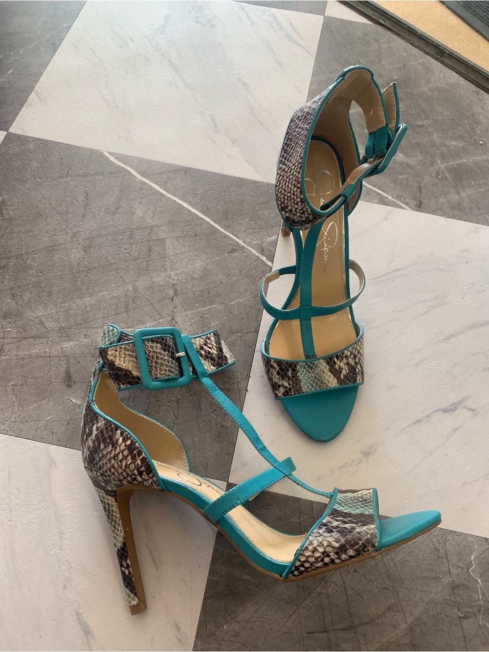 Jessica Simpson Turquoise Snake-Print T-Strap Heels